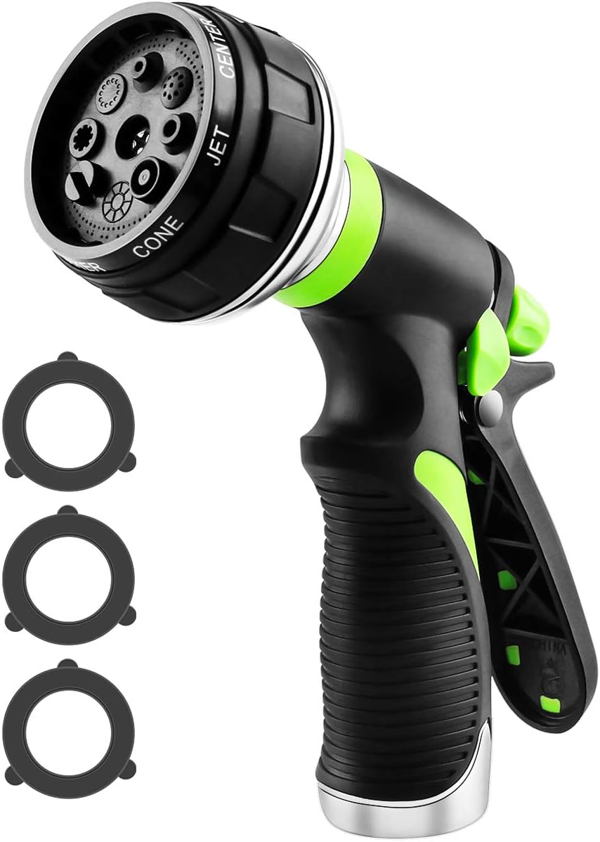 FIREOR Garden Hose Nozzle Heavy Duty Metal Water Spray Gun High Pressure Washer Sprayer with Lock Leak Free 8 Adjustable Pattern Hand Grip Trigger for Lawn Cleaning, Watering and Pets Shower (Green)
