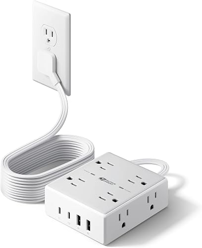 10Ft Extension Cord with Multiple Outlets, Flat Plug Surge Protector Power Strip 10 Ft Long Cord, 8 Outlets & 4 USB Ports (2 USB C), Desk Charging Station for Home Office, College Dorm Room Essentials