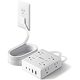 10Ft Extension Cord with Multiple Outlets, Flat Plug Surge Protector Power Strip 10 Ft Long Cord, 8 Outlets & 4 USB Ports (2 