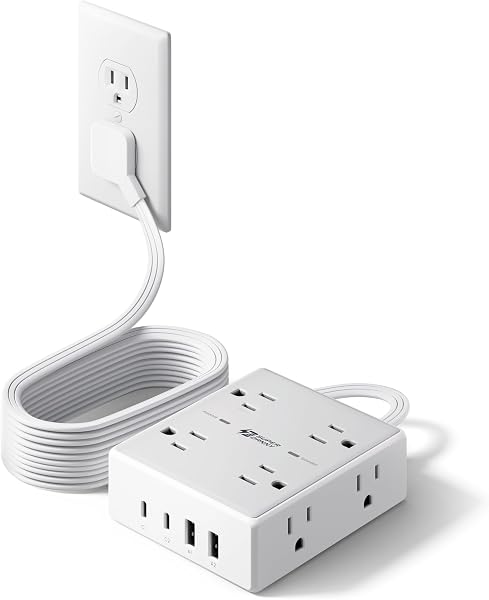 SUPERDANNY Extension Cord,Flat Plug Surge Protector Power Strip,10Ft | 8 AC & 4 USB Ports (2 USB C),Surge Protector with 1050