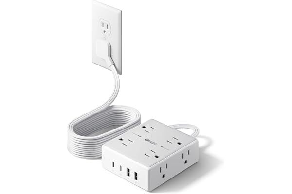 10Ft Extension Cord with Multiple Outlets, Flat Plug Surge Protector Power Strip 10 Ft Long Cord, 8 Outlets & 4 USB Ports (2 