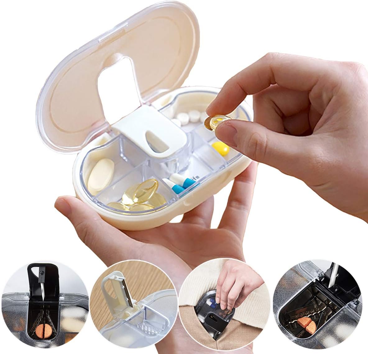 Worldlife Pill Case with Pill Cutter for Small Pills, Moisture-Proof Design, Medication Cutter, Pill Splitter w/Storage (White)
