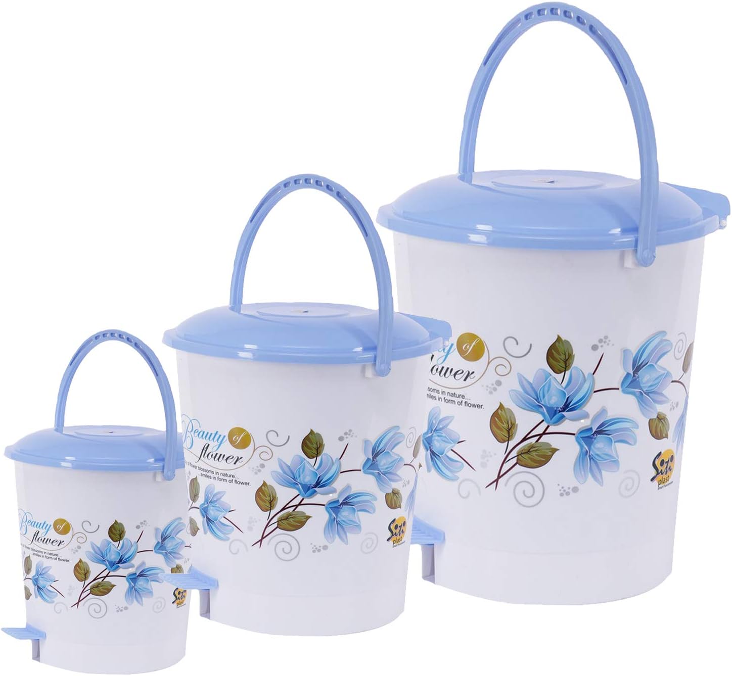 Meded Plastic Blue & White Floral Printed Pedal Bin, Capacity 7, 12 & 18 LTR, Pack of 3