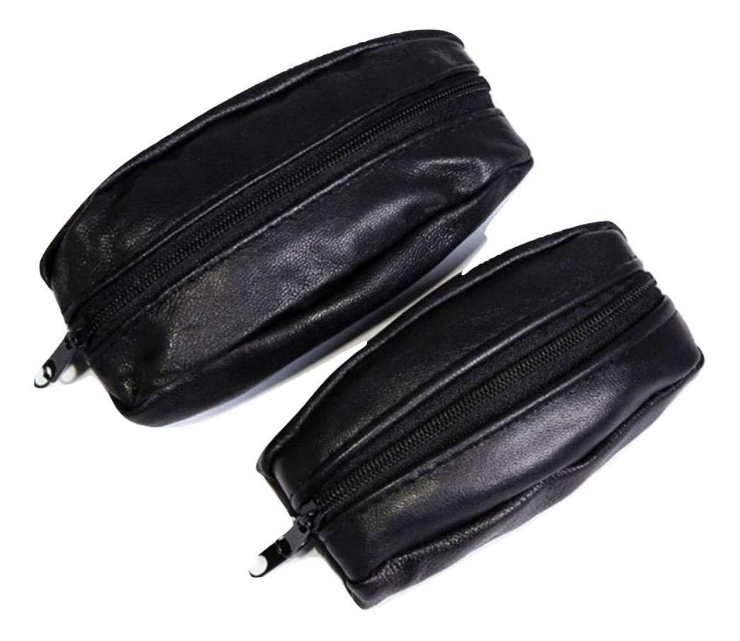 Unisex Super Soft Real Leather Purse Coin Pouch Purse Zipper Wallet Attached Keyring Holder Black
