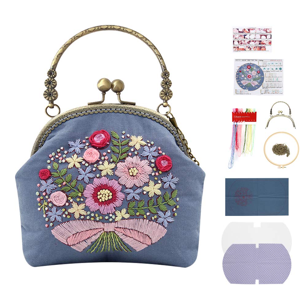 Atyhao Embroidery Kit, 16.5cm DIY Bags Purse Wallet Handbag Cross Stitch Kit for Beginner Non-finished Floral Design Portable Sewing Kit for Women Teens Travel Home Use