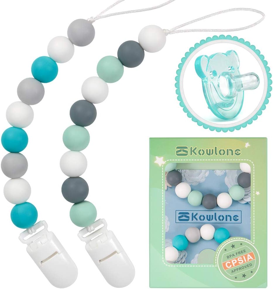 Dummy Clips for Boys Baby Pacifier Holder Clip Soother Binky Holder Chain Set Newborn Dummies 0-6 Months Gift Silicone Teething Beads Fit All Brands Pacifiers BPA Free