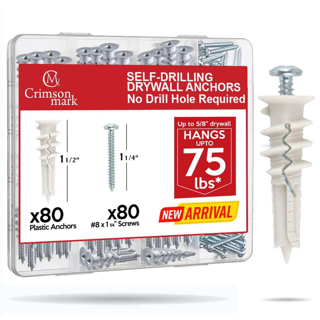Photo 1 of CrimsonMark 160Pcs Self Drilling Drywall Anchors and Screws kit #8 x 1-1/4”- Superb Wall Anchors for Drywall, Holds Upto 75lbs – No Drill Hole Required with These Dry Wall Screws and Anchors