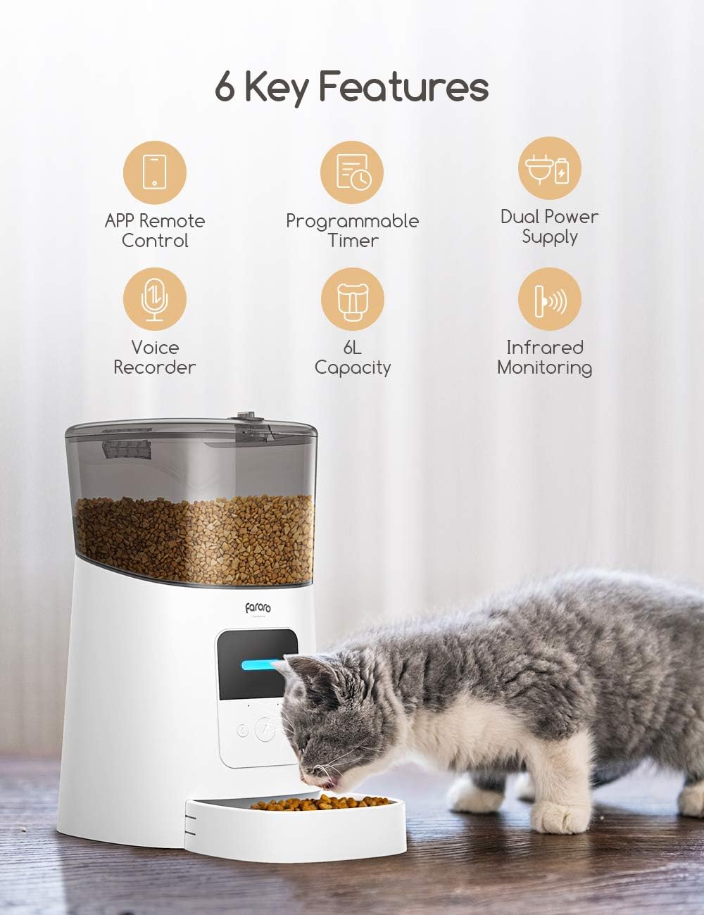 Pet Supplies : Faroro Automatic Cat Feeder 2.4G WiFi Enabled 6L Smart Food Dispenser for Cats and Small Dogs with App Control, Programmable Timer, Distribution Alarms and Voice Recorder Up to 15 Meals per Day : 