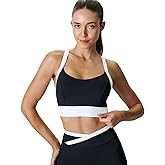 BERLOOK Womens Contrast U Neck High Support Padded Criss Cross Back Workout Sports Bras Crop Tank Top