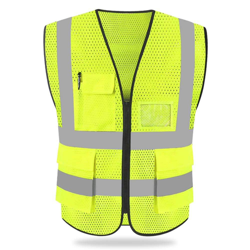 HYCOPROT Hi Vis Viz High Visibility Reflective Safety Vest Waistcoats Jacket Workwear Executive Zip 2 Band Security Mobile Phone Pocket ID Holder (Yellow-mesh, XXL)