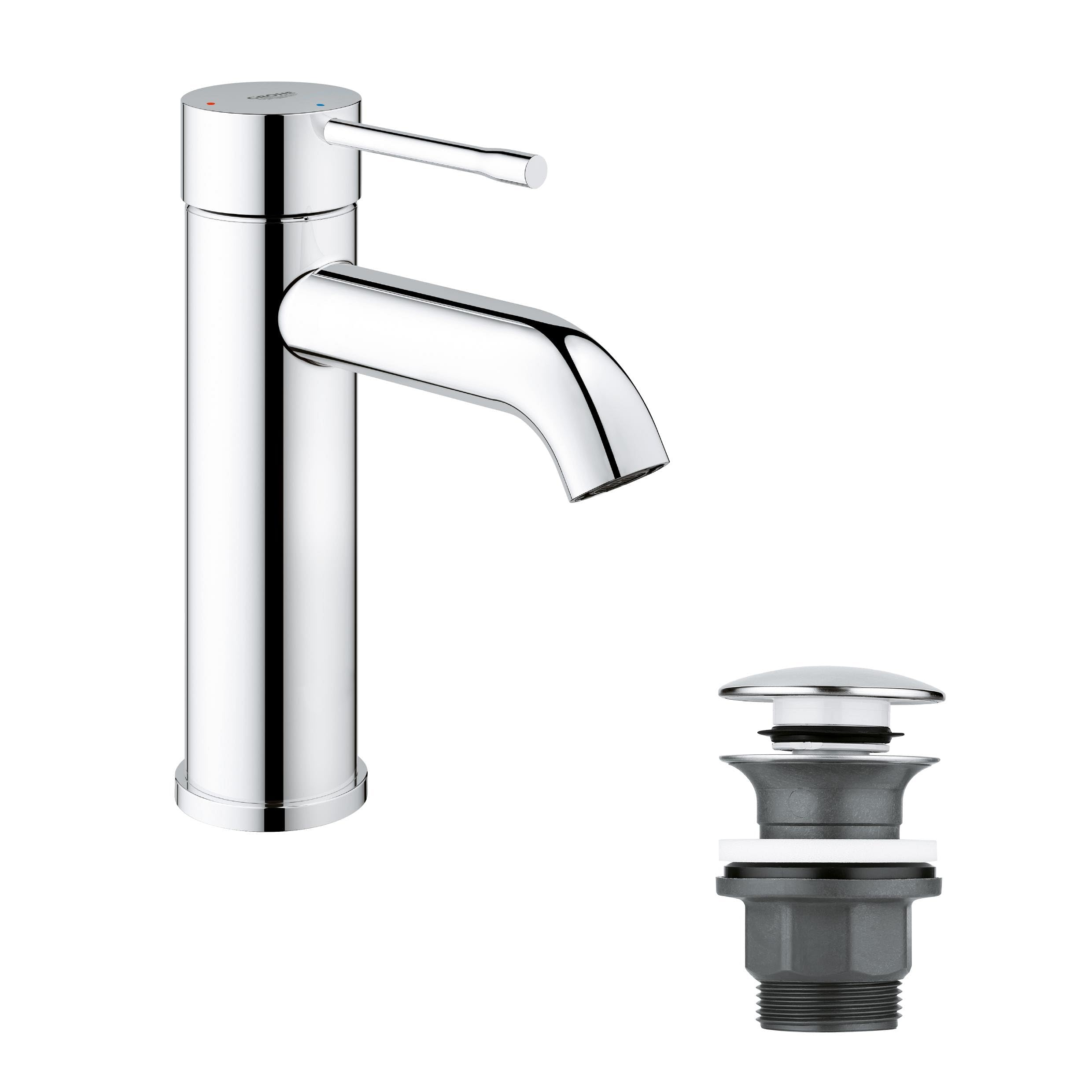 GROHE Essence Single-Lever Basin Mixer Tap with Push-Open Pop-Up Waste Set (S-Size 208mm, Metal Lever, 28 mm Ceramic Cartridge, Water- and Energy-Saving, 3/8 Inch Tails), Chrome, 23797001