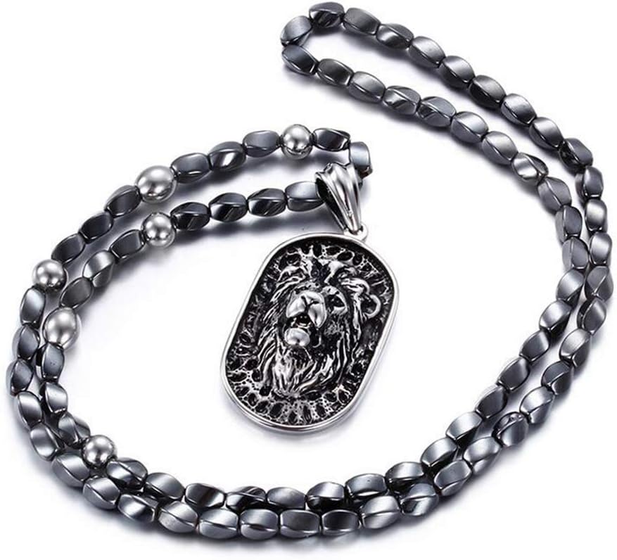 Lion Head Necklace Stainless Steel with Onyx Beads Hematite Mens Biker Black Pendant Sweater Chain Gothic Style Jewelry