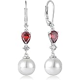 EJARY Women Pearl Dangle Drop Earrings with Birthstone 925 Sterling Silver Leverback Earring with 10MM White Pearls