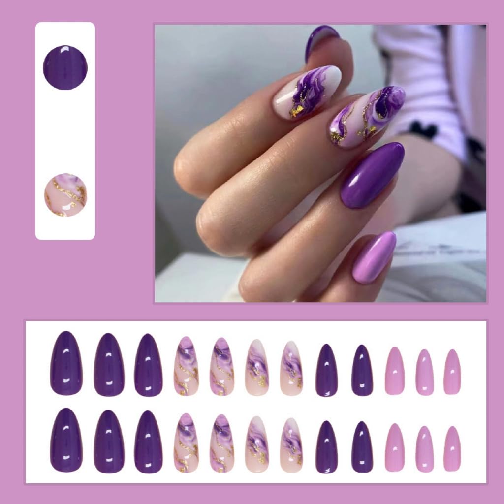 Purple Press on Nails Medium Almond Fake Nails Marble Texture Glossy False Nails with Glitter Gold Foil Design Stick on Nails Full Cover Glue on Nails Ombre Acrylic Nails for Women Manicure 24Pcs - Image 2