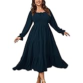 CICIDUDU Womens Plus Size Flowy Maxi Dress Long Sleeve Square Neck Smocked A Line Formal Long Dresses for Women Wedding Guest
