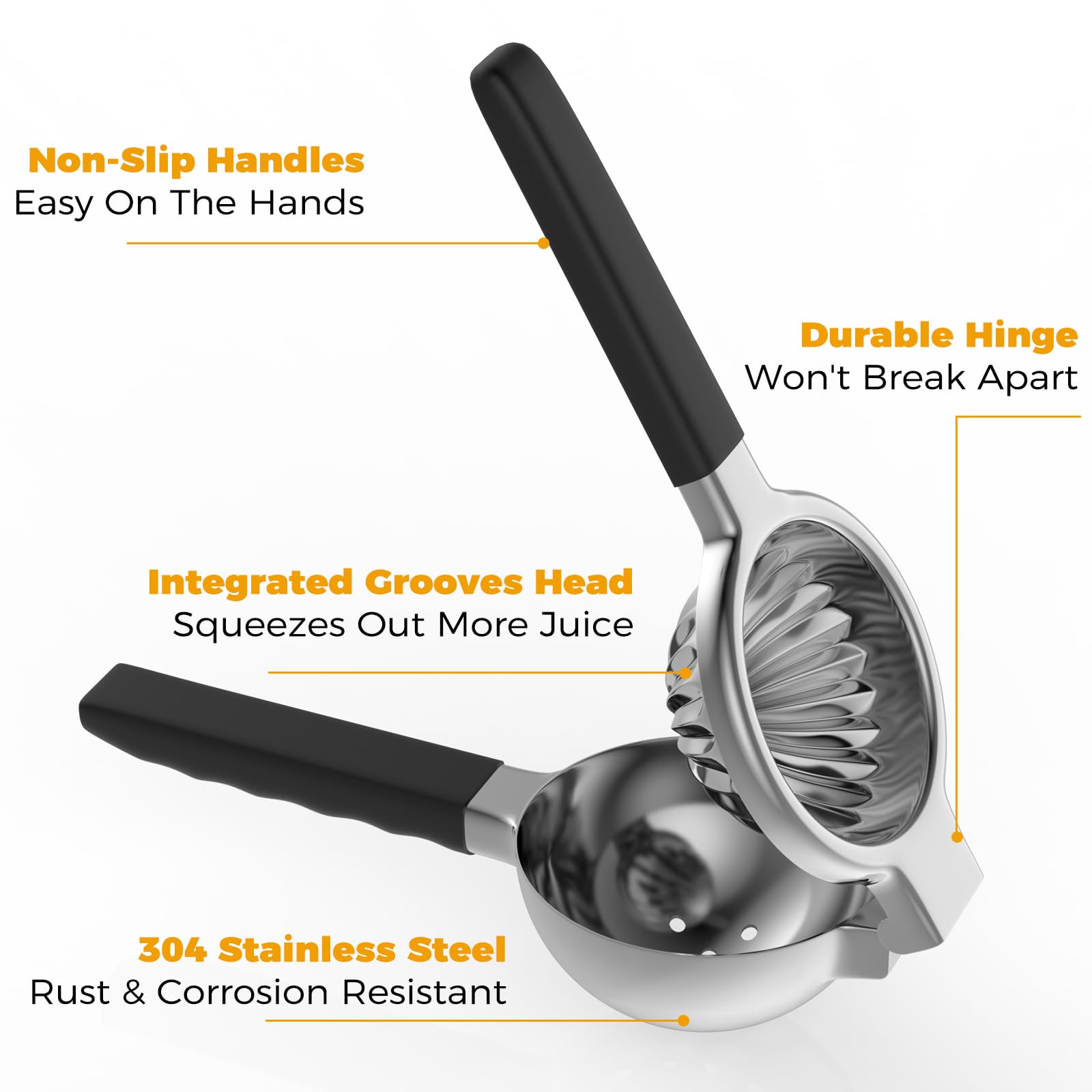 Stainless Steel Lemon Squeezer - Metal Citrus Juicer - Lime Lemon and Fruit Juicer with Silicone Handles - Large Manual Citrus Press Juicer - Hand Held Squeezer - Ergonomic Design with Solid