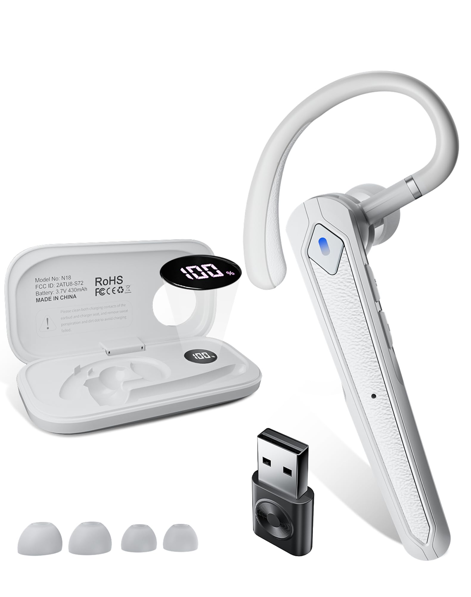 Bluetooth Headset, Wireless Bluetooth Earpiece with USB Dongle and Charging Case 100 Hours Talking Time Built-in Microphone for iOS Android Cell Phone, V5.4 Hand-Free Headphones for Trucker (White)