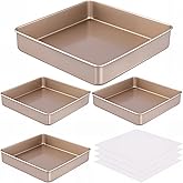 SINJEUN 4 PCS Square Baking Pans, 8.7 x 8.7 x 1.6 Inches Nonstick Square Cake Pan with Greaseproof Paper, Metal Bakeware for Oven Cooking Lasagna Brownies, Gold