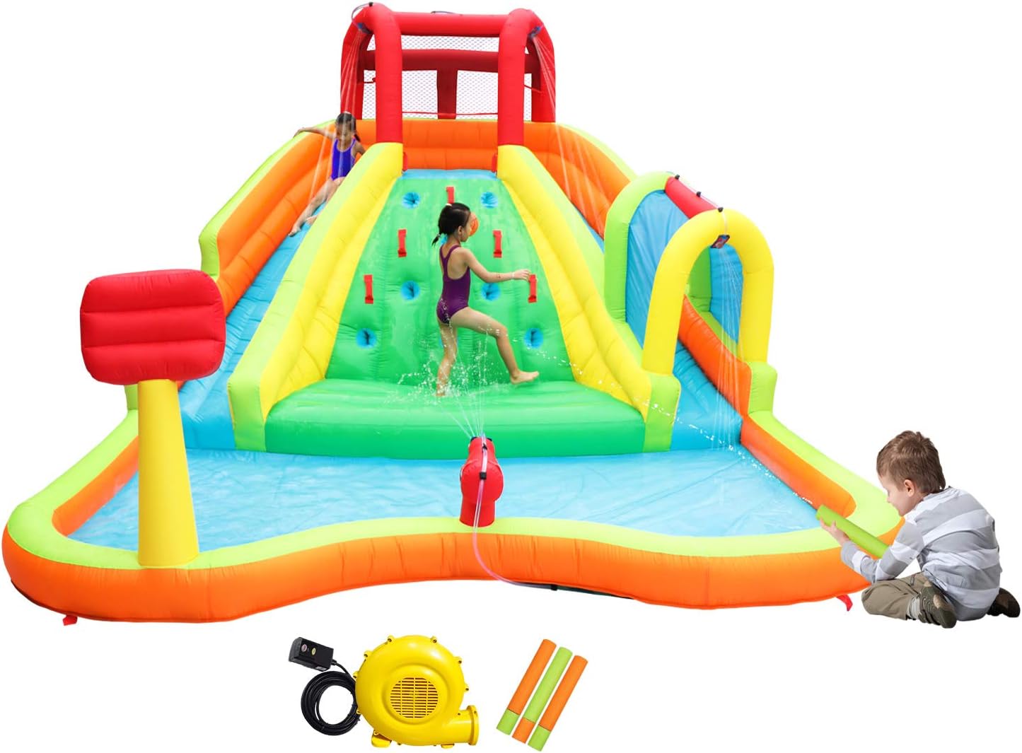 WELLFUNTIME Inflatable Water Slide Adventure Water Park Game Center with Arched Water Gun Spray, Water Slide with Air Blower