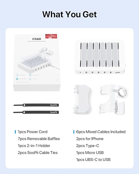 SOOPII 60W 6-PORT CHARGING STATION FOR MULTIPLE DEVICES, PD 20W USB C FAST CHARGING FOR LPHONE 14/13/12,6 SHORT CABLES INCLUDED, 2 IN 1 HOLDER,FOR PHONES,TABLETS AND OTHERS,WHITE