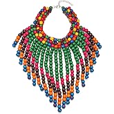 COLORFUL BLING Boho African Wooden Beaded Bib Statement Choker Necklace Long Multi Strand Chunky Layered Collar Tassel Necklace for Women Handmade Jewelry