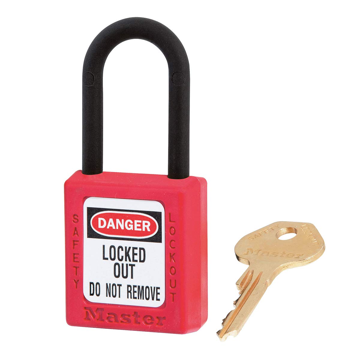 Master Lock Red Dielectric Zenex™ thermoplastic Safety Padlock, 38mm Wide with 38mm Tall Nylon Shackle, keyed Different