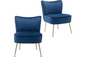 KCC Modern Velvet Upholstered Accent Chair Set of 2,Mid Century Living Room Chairs with Golden Legs,Comfy Armless Chair Wingback Single Sofa Side Chair for Bedroom,Blue