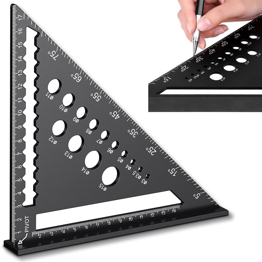 7inch Metric Triangle Ruler, Speed Square with 14 Types of Drill Holes, Metal Professional Triangle Tool Ruler, Aluminum Alloy Carpenters Tools for Carpentry Engineers Designers DIY