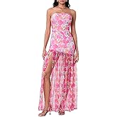Cjfdfy Women's Tube Top Dress Sexy High Slit Strapless Maxi Dress Flowy Sheer Mesh Patchwork Outfit Cocktail Party Clubwear