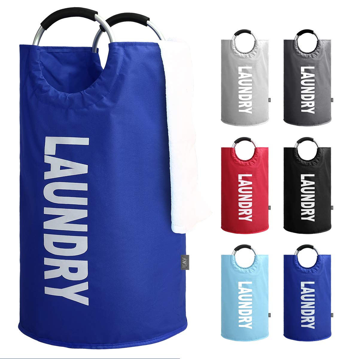 KAV Oxford Fabric Collapsible and Foldable Laundry Basket, Bag or Hamper - 82L Portable Linen Washing Bin with Rubber grip Aluminium Handles - Perfect for Bedrooms, Bathrooms, Playrooms (Dark Blue)