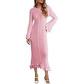Saodimallsu Womens Bell Long Sleeve Knit Dress Ruffle Bodycon Ribbed Cocktail Party Crew Neck Midi Sweater Dresses