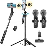 Content Creator Essentials Vlogging Kit for iPhone/Android,2 Lights &amp;2 Mics | 70-inch Auto Face Tracking Tripod 360 rotation, Selfie Stick with light and Microphones,TikTok/YouTube Starter Kit