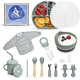 Silicone Baby Feeding Set - 19 Pcs Baby Led Weaning Supplies, Suction Plate and Bowl, Sippy Cup, 3 Set of Forks, Fruit Tetther, Tiny Brush, and Long Sleeved Bib