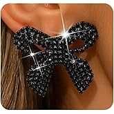 Silver Rhinestone Bow Earrings,Bling Sparkling Crystal Big Bowknot Statement Earrings for Bridesmaid Guest Dainty Jewelry Accessories
