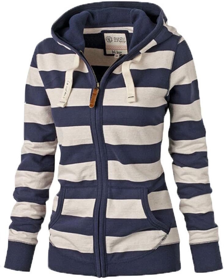LOOLY Women Plain Zipper Spring Hoodie Striped Hooded Jacket (Thin)