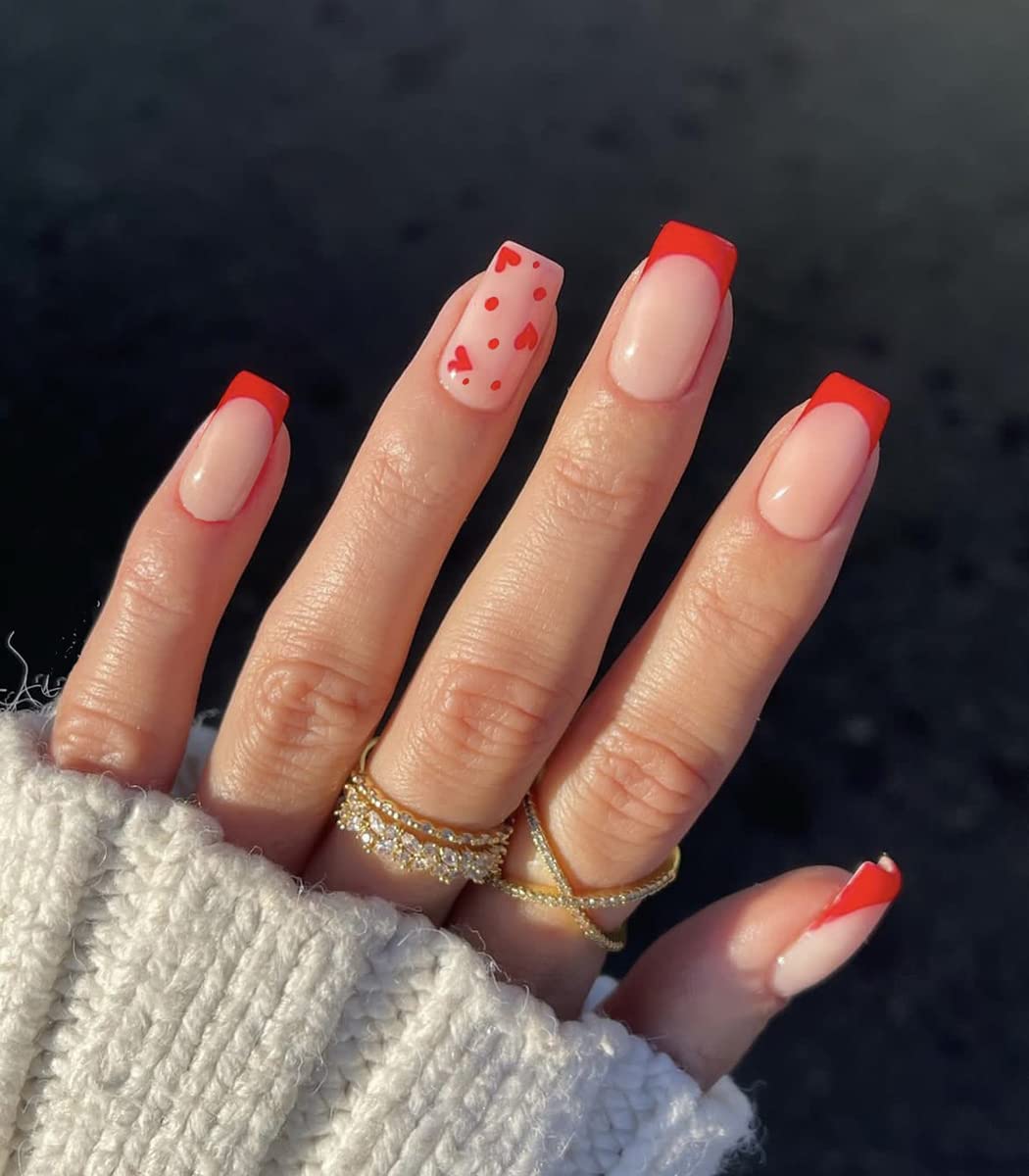 Sethexy Valentine's Day French False Nails Short Square Red Fake Nail Love Heart Pink Press on Nails Glossy 24Pcs Acrylic Stick on Nail for Women and Girls Nail Art — image 1