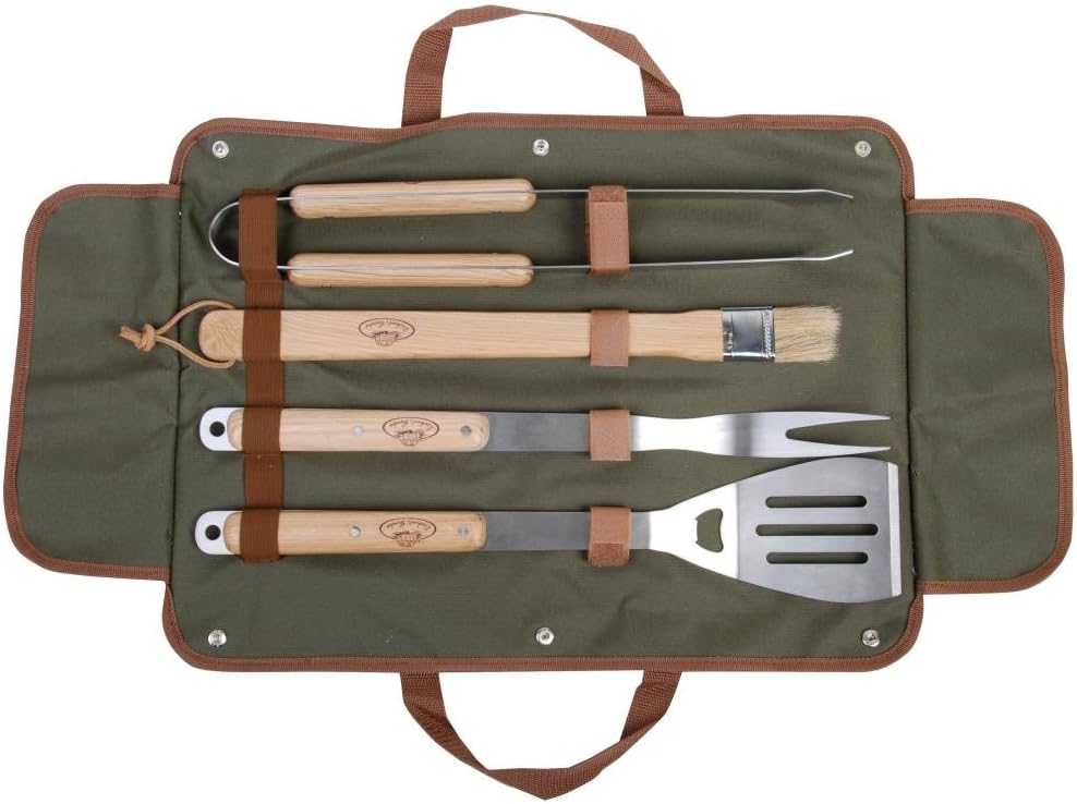 Esschert Design Grillbesteck in der Tasche, 4-teilig bestehen aus: Grillgabel, Grillzange, Wender, Pinsel