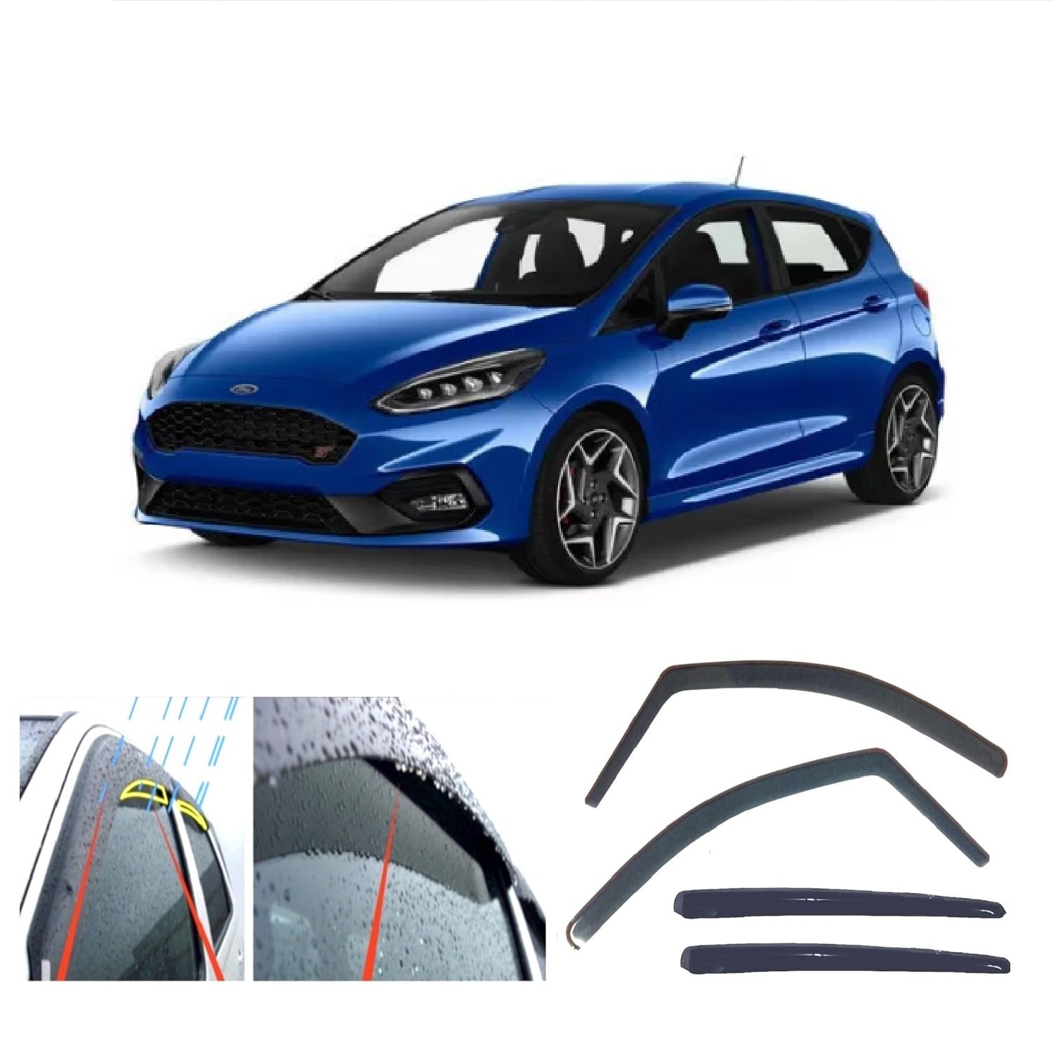 4x Wind Deflectors compatible with Ford Fiesta 5-door hatchback 2017 2018 2019 2020 2021 2022 2023 2024