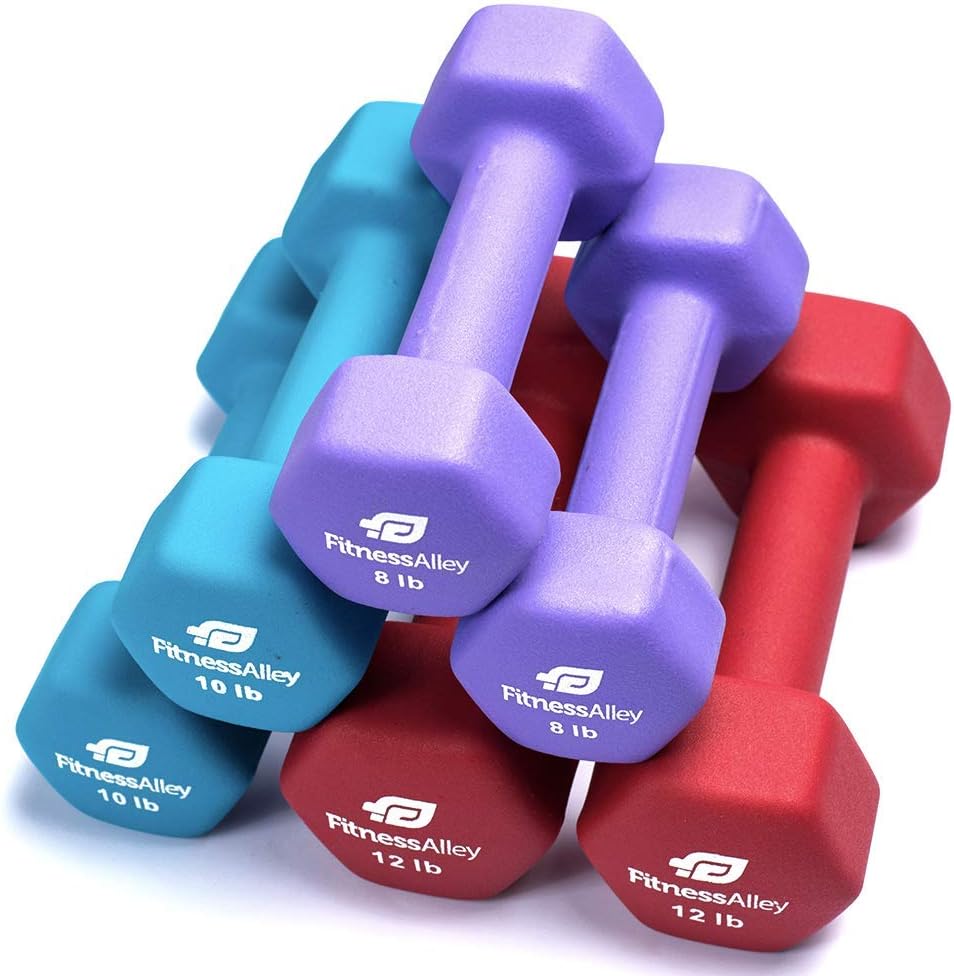 Fitness Alley Neoprene Dumbbells - Free Weights Hex Hand Weights - Dumbbell Pairs Combo Set