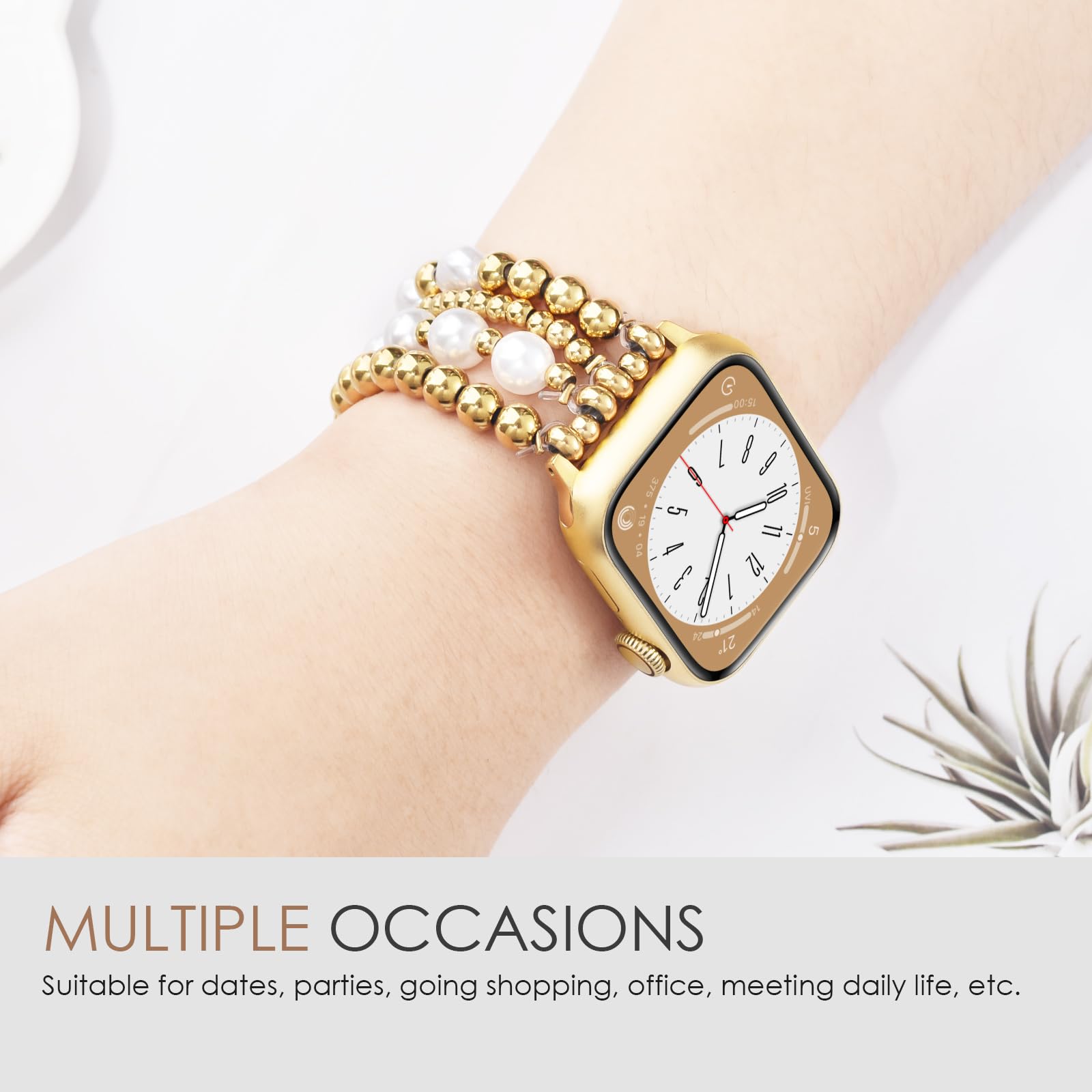 AIRSPO Gold Beaded Bracelets Compatible for Apple Watch Band 38mm 40mm 41mm 42mm 44mm 45mm Women, Fashion Handmade Dressy iPhone Watch Bands Elastic Strap for iWatch Series SE 8 7 6 5 4 3 2 1