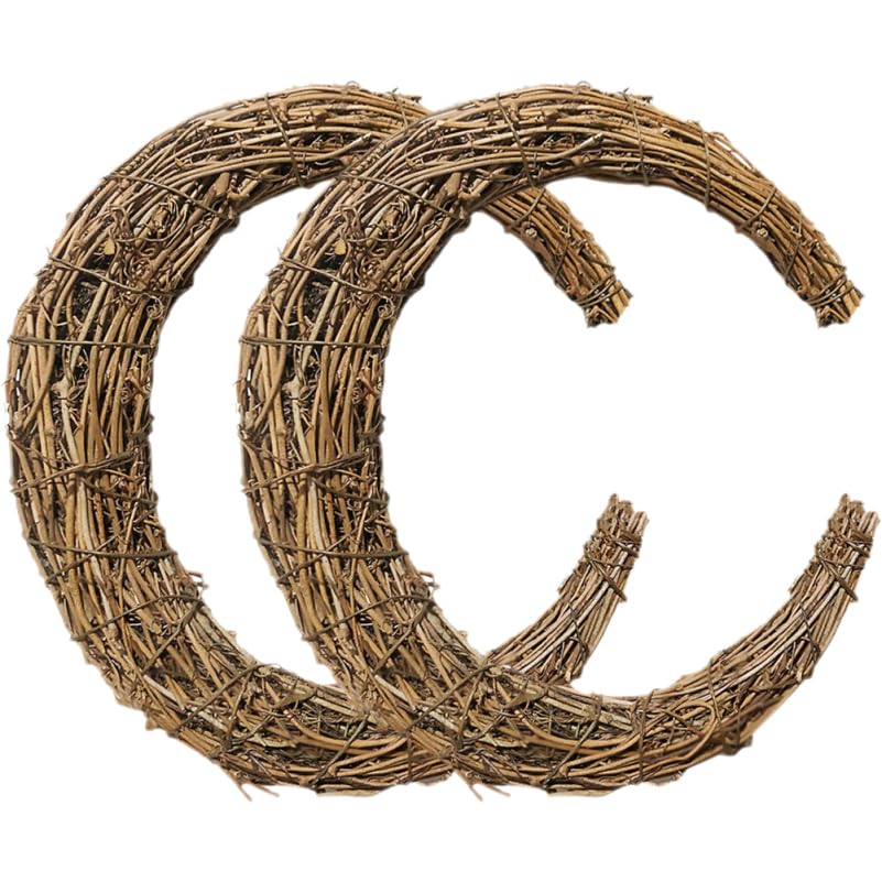 DOITOOL 2Pcs Rattan Garland Embellishments for Crafting Wreaths, Moon Shaped Vine Branch Wreaths Moon Garland Hanging Ornament for DIY Christmas Craft, Front Door, Wedding and Party Decors