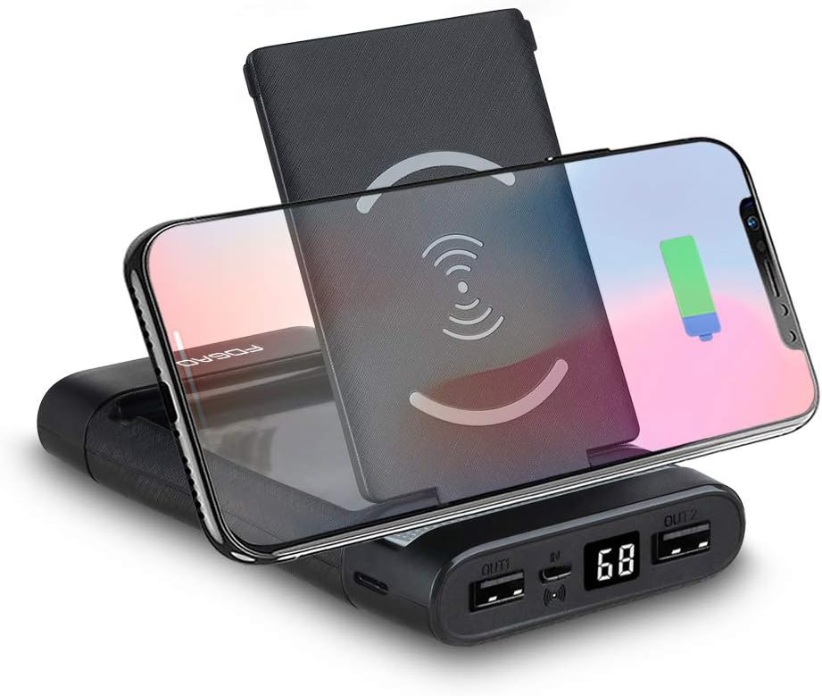 FDGAO Wireless Power Bank 10000mAh Portable Charger with LED Digital Display and Foldable Bracket, QI Induction Charger Travel Charger for iPhone iPad Samsung Xiaomi Huawei Tablets and More