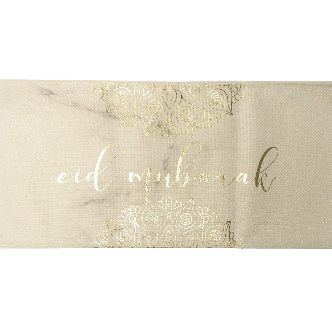 Peacock Supplies Happy Eid Table Runner - 240cm x 30cm | Marble & Gold Design | Easy Clean Cotton Fabric | Ideal for Kitchen Table & Dining Table | Water Resistant & Durable | Elegant & Practical