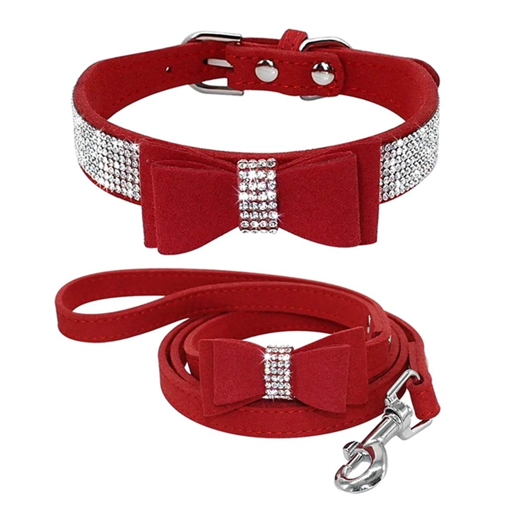 TELEYI Rhinestone Bling Leather Dog Cat Collar & Leash Set Crystal Diamonds Studded Cute Bowknot Puppy Small Dogs Collar Puppy Leash