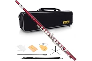 YANASON Red C Flute Closed Hole 16 Keys Flute Nickel-Plated for Beginner, Student and Professionals with Carrying case, Metal stand, Gloves, Tuning Rod, Cleaning kit(Red)