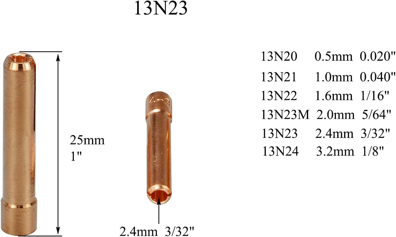 TIG Gas Lens Collet Body 13N21 45V42 (.040" & Ø1.0mm) 13N22 45V43 (1/16" & Ø1.6mm) 45V44 13N23 (3/32" & Ø2.4mm) 45V45 13N24 (1/8" & Ø3.2mm) Pyrex Cup #4 ~ #12 WP 9 20 25 TIG Welding Torch 39pcs - - 