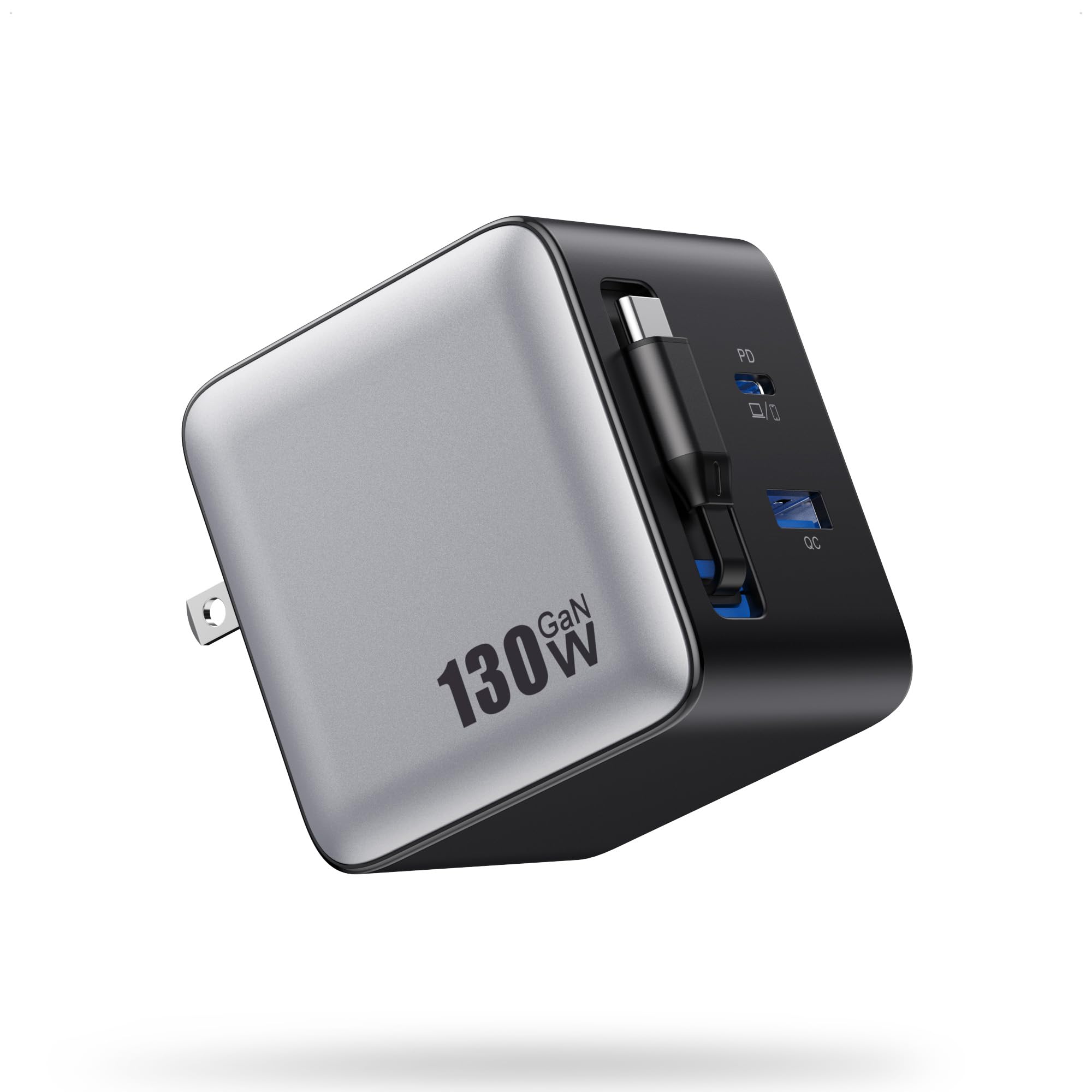 Photo 1 of 130W USB C Charger Block with Built-in Retractable Cable,Foldable Wall Plug & 2 USB Ports,GaN-IV Fast Charging Station,PD 65W Laptop Wall Charger Adapter for iPhone 16/15,MacBook Pro/Air,Dell,Galaxy..