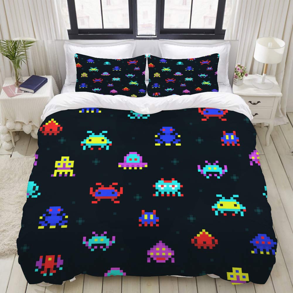 Mokale Full Size Duvet Cover,Cute Pixel Robots Space Invaders Retro,Decorative 3 Piece Bedding Set with 2 Pillow Shams,Zipper Closure,Ultra Soft 80" 90"