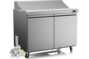 FREEZLABS 48“ Commercial Refrigerator Sandwich&Salad Prep Table Fridge with 12 Pans 2 Door Stainless Steel Counter Fan Cooling Refrigerators