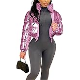 Halfword Women's Shiny Cropped Puffer Jacket Long Sleeve Solid Color Stand Neck Winter Down Coat